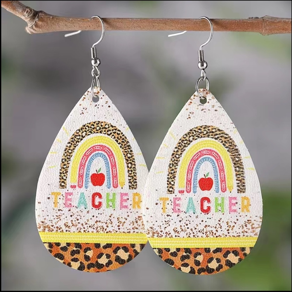🌈🍎 Teacher Rainbow Teardrop Dangle Earrings 🍎🌈
